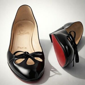 Christian Louboutin Black Patent Low Wedges, cutouts, bow, 37.5(7), GUC